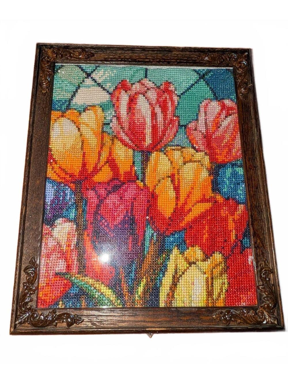 Vintage Floral Needlepoint Wall Art in Ornate Wooden Frame